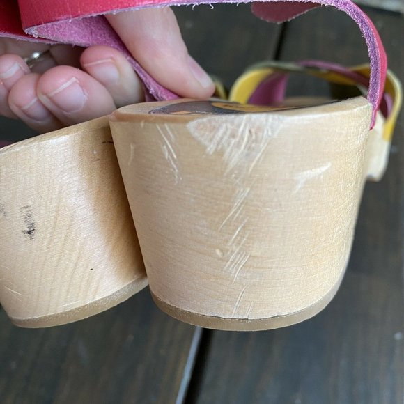 Swedish Hasbeens Toffel Multi Leather Wooden Heel Clog Sandals Size EU 39 US 8.5 - Picture 10 of 12